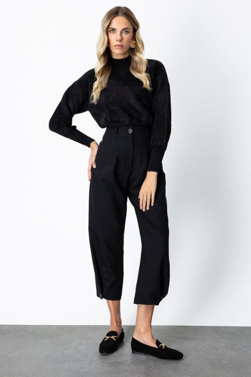 Kadın Paçası Düğmeli Fleto Cepli Pantolon 64137 Siyah