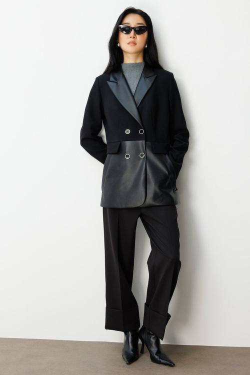 Kadın Suni Deri Detaylı Düğmeli Ceket 5093 Siyah