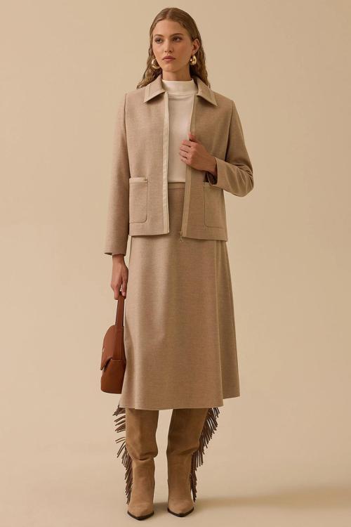 Kadın Biye Detaylı Cepli Fermuarlı Ceket 0018 Vizon