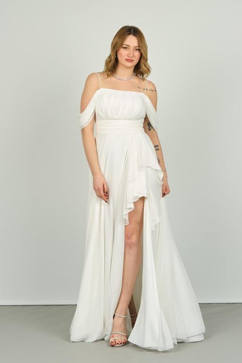 Kadın Düşük Kol İp Asklı Derin Yırtmaçlı Uzun Abiye Elbise 1380 Ekru