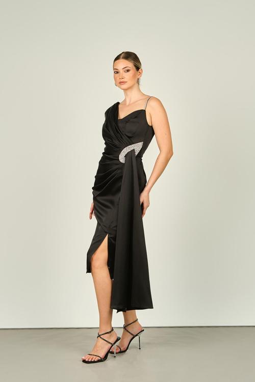 Kadın Taş İşleme Detaylı Yandan Kuyruklu Araboy Abiye Elbise 1510 Siyah