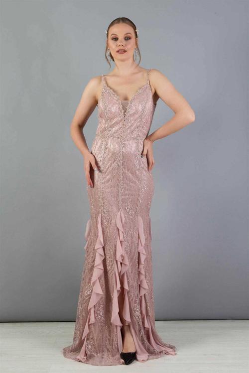 Kadın Dantel Eteği Fırfırlı İşlemeli Balık Abiye 5815560 Pudra