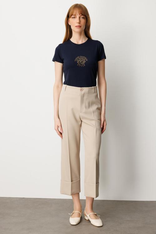 Kadın Duble Paça Yan Cepli Pantolon 64127 Taş