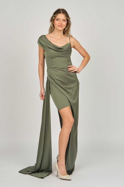 Kadın Tek Omuz Detaylı Abiye Elbise 5924030 Haki
