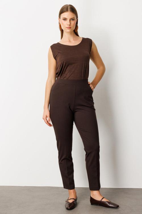 Kadın Büyük Beden Dantel Süslemeli Dar Paça Pantolon 1087 Kahverengi