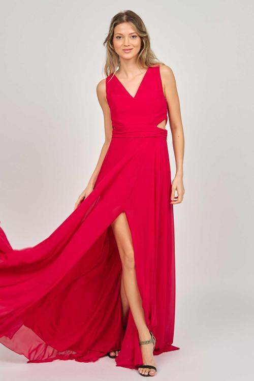 Kadın Geniş Askılı Şifon Abiye Elbise 5922058 Kırmızı