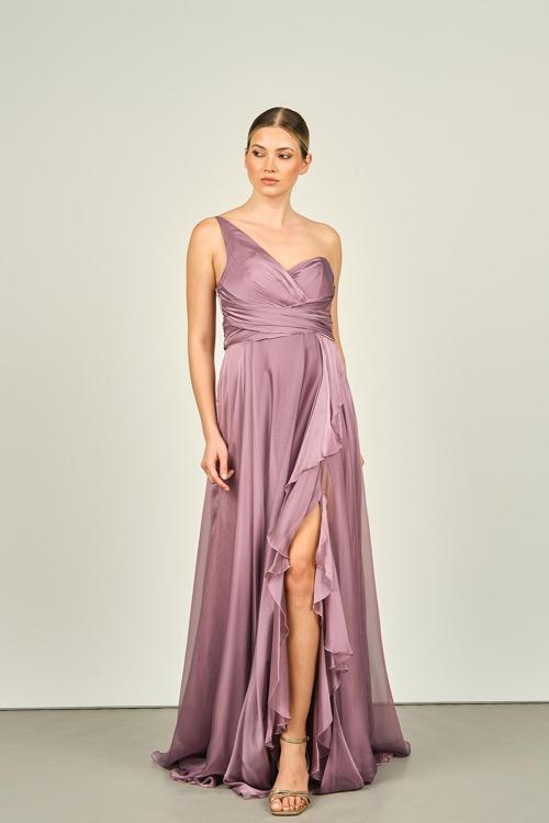 Kadın Tek Omuz Yırtmaçlı Fırfır Detaylı Uzun Abiye Elbise 4082 Lavanta