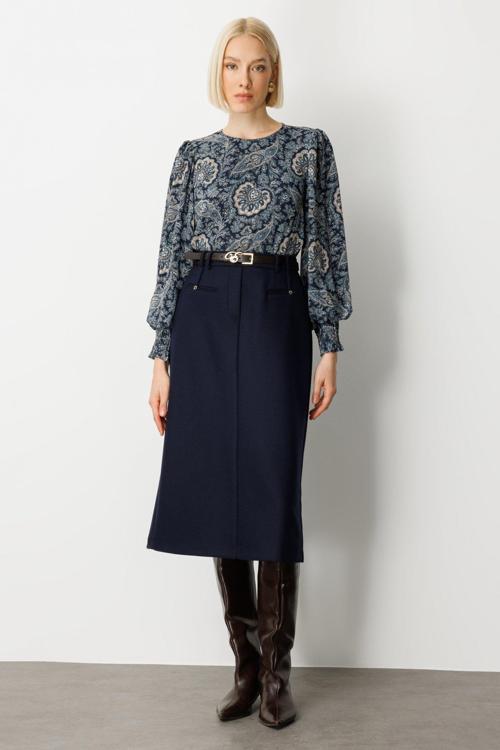 Kadın Beli Kemerli Yırtmaçlı Midi Etek 2009 Lacivert