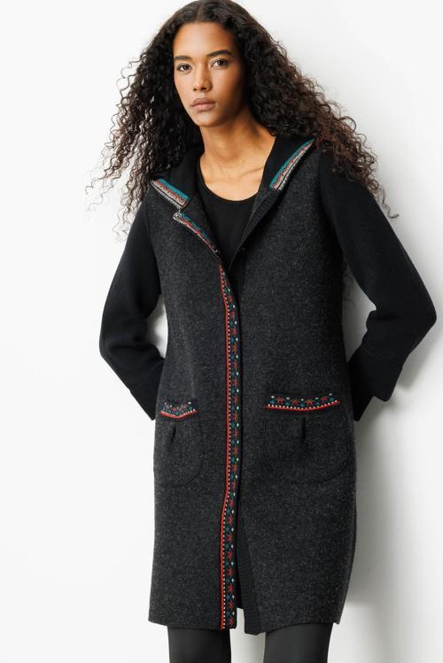 Kadın Kapüşonlu Önü Keçe Yün Kaban 25019 Siyah