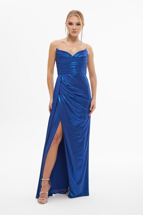 Kadın Parlak Örme Straplez Uzun Abiye Elbise 58310 Saks