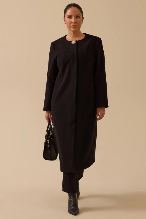 Galaxi Kadın Büyük Beden Taş Detaylı Uzun Kaşe Kaban 4006 Siyah