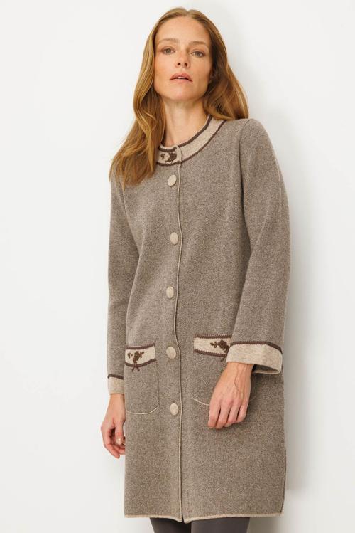 Kadın Dik Yaka Kolu ve Cebi Nakış İşlemeli Uzun Yün Kaban 25034 K. Bej