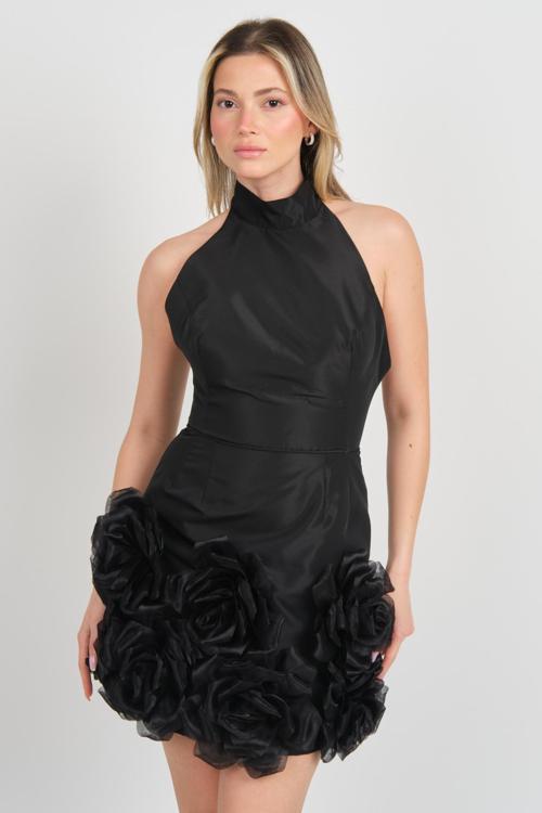 Kadın Boyundan Bağlamalı Eteği Çiçek Detaylı Mini Abiye Elbise 1769 Siyah