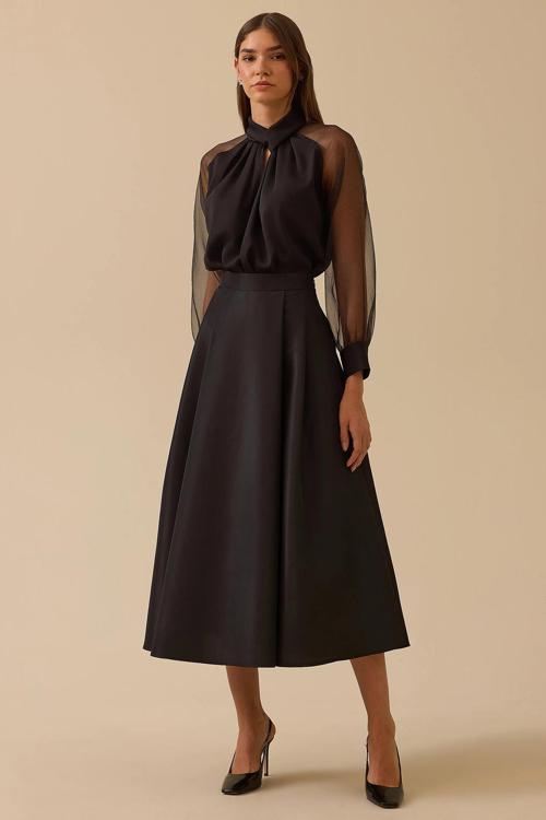 Kadın Tafta Kumaş Yüksek Bel Şık Kloş Etek 8001 Siyah