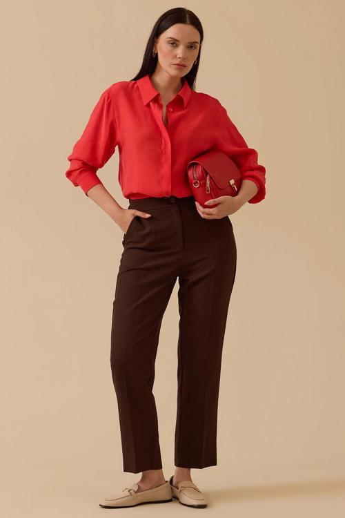 Kadın Beli Lastikli Bilek Boy Pantolon 0015 Kahverengi