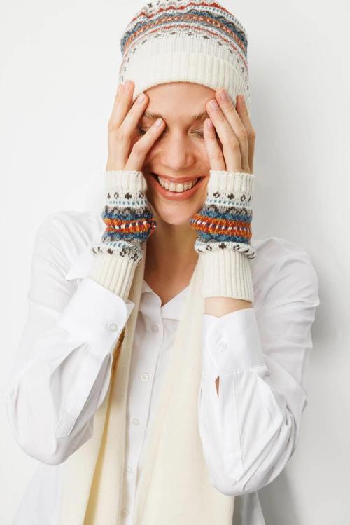 Kadın Jakarlı Yün Eldiven 25076 Kemik