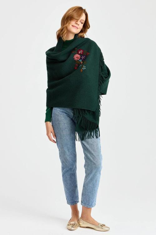Kadın Triko Pirinç Örgü İşlemeli Yün Şal 23030 Yeşil