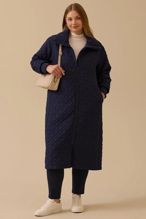 Galaxi Kadın Büyük Beden Kapitone Fermuarlı Pardesü 4002 Lacivert