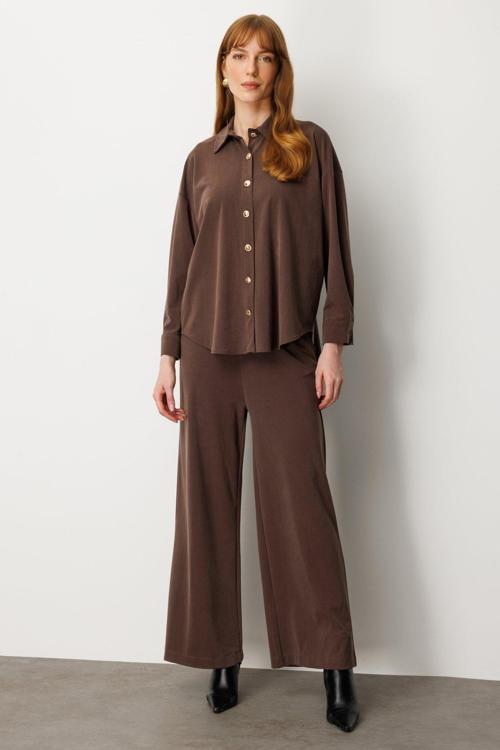 Kadın Beli Lastikli Bol Paça Pantolon 66307 Kahverengi