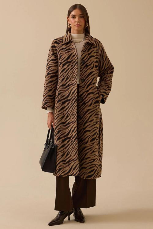 Kadın Leopar Desenli Kuşaklı Uzun Kaban 0004 Kahverengi