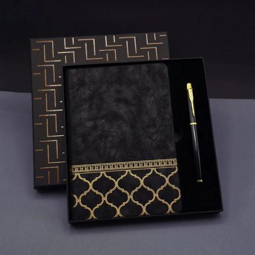 Gold Desen Siyah Deri Defter Kalem Set