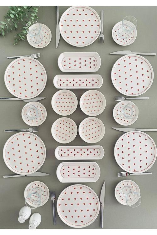 Love 6 Kişilik 20 Parça Kırmızı Kalp Model Kahvaltı Takımı