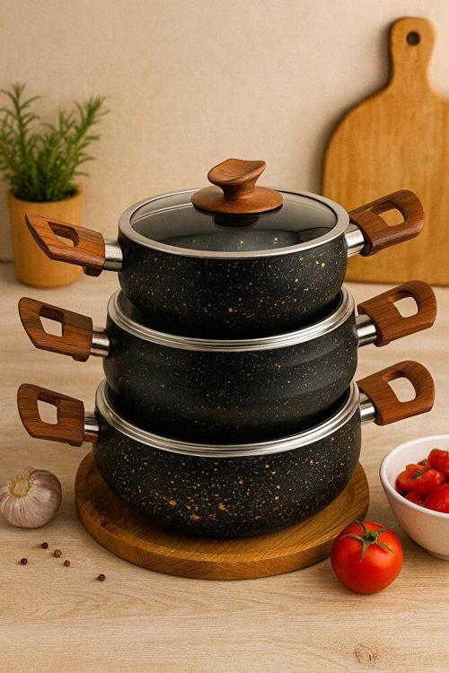 Evim Şahane Venüs Serisi Güveç Tipi Granit Tencere Seti – 16 cm, 18 cm, 20 cm, Yanmaz Yapışmaz