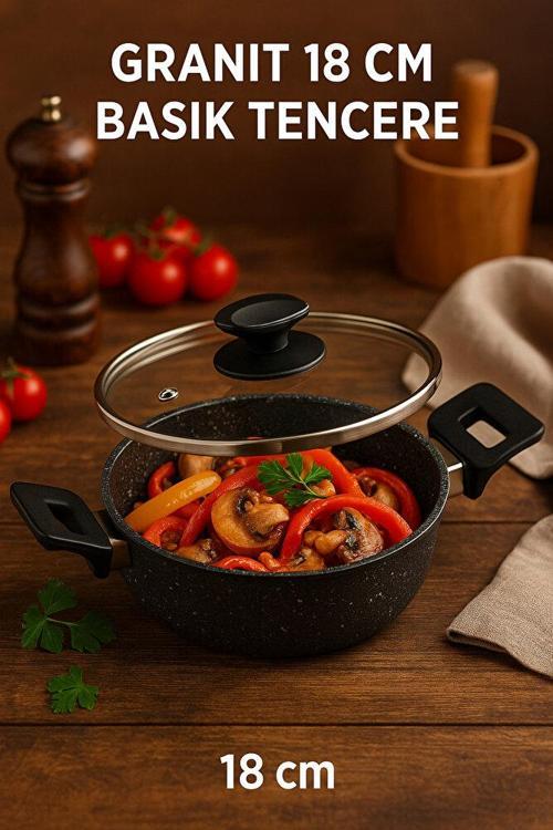 Palmiyra Ekonomik Seri 18 cm Basık Granit Tencere – Yapışmaz Yüzey, Ergonomik Saplı,Cam Kapaklı