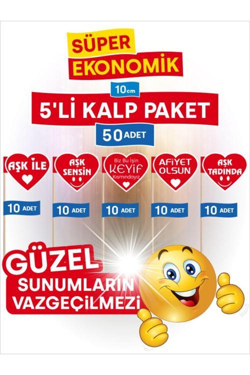 10 Cm, 50 Adet - 5 Farklı Kalp Model Süper Ekonomik Pasta Yemek Kürdanları