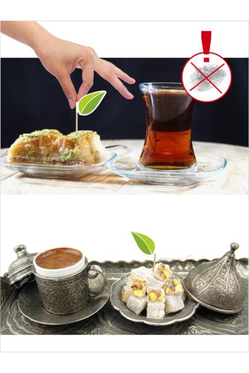 Yeşil Çay Yaprağı, Çay, Kahve Yanı Lokum İkramlık Kürdanı - 10Cm 30 Adet