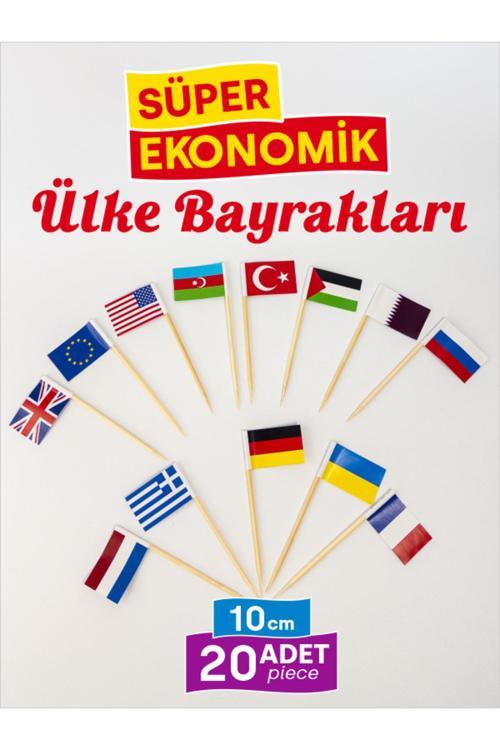 Süper Ekonomik Ülke Bayrakları, Türk Bayrağı Ve 12 Farklı Ülkenin Bayrağı - 10Cm 20 Adet