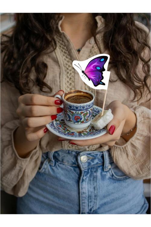 Mor Kelebek Baskılı Yemek, Pasta, Atıştırmalıklar İçin Bayraklı Kürdan 10Cm 30 Adet