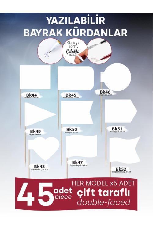 Üzerine Yazı Yazabileceğiniz 9 Farklı Bayrak Modeli, Her Modelden X5 Adet, Toplam 45 Adet, 15Cm