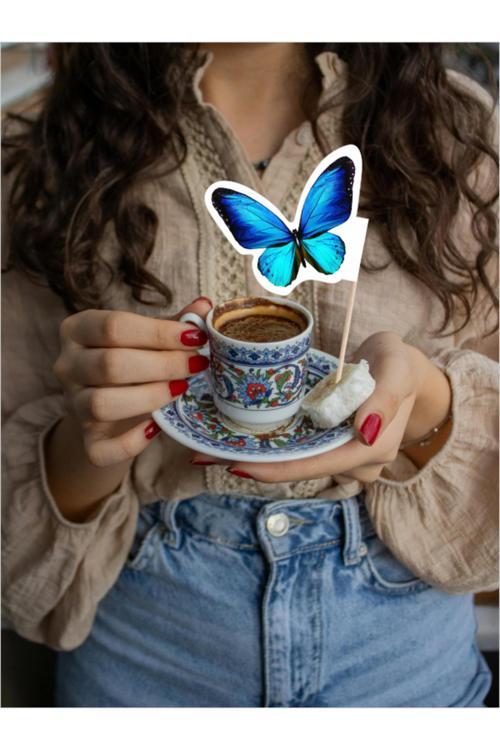 Mavi Kelebek Baskılı larımız İçin Atıştırmalık, Yemek, Pasta Kürdanı 10Cm 30 Adet