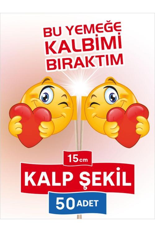 15 Cm, 50 Adet - Bu Yemeğe Kalbimi Bıraktım, Kalp Emojili Pasta Kürdanı