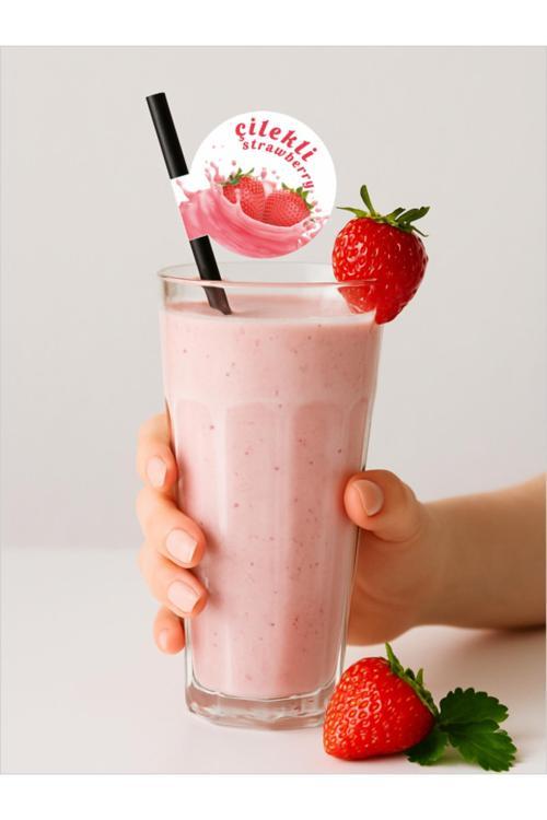 Çilekli Bayraklı Pipet 21,5 Cm Siyah Pipet , 8Mm Kalınlık , 20 Adet