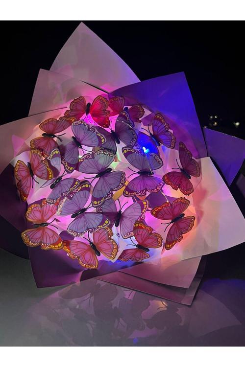 Letli Mor Pembe Kelebek Buketi