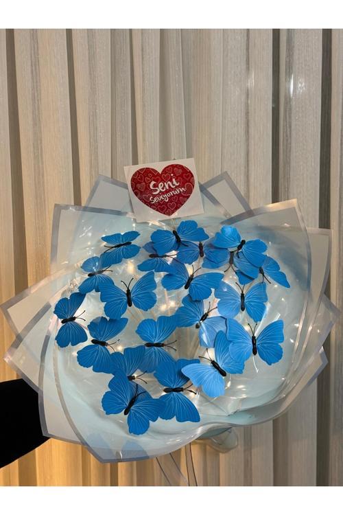 Sevgililer Gününe Özel 20'Li Mavi Ledli Kelebek Buketi