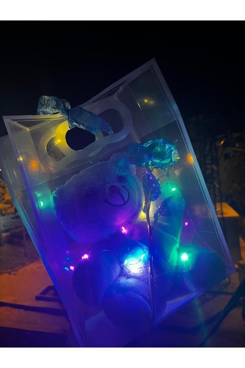 Sonsuzluk Gülü Tutan Ledli Mavi Peluş Ayıcık