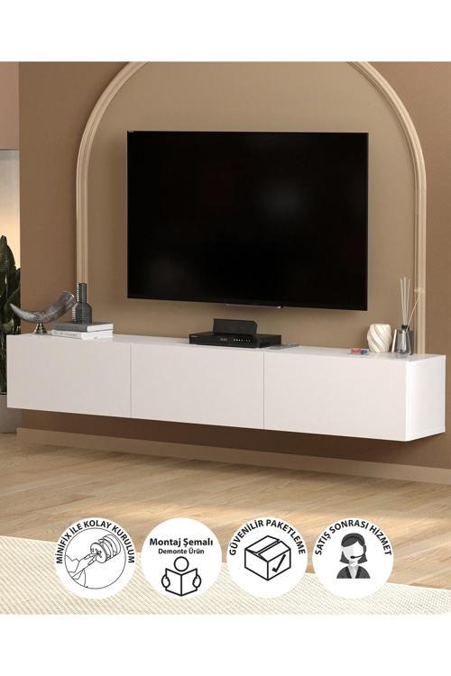 TV Ünitesi TV Sehpası Düşer Kapaklı Tv Ünitesi Televizyon Sehpası 180 Cm Marvel Beyaz