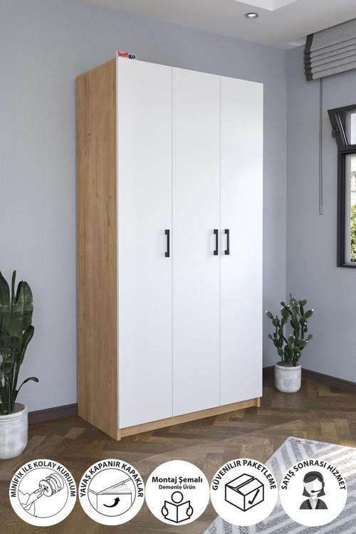3 Kapaklı 8 Raflı Gardırop Elbise Dolabı 3 Kapaklı Gardırop Smyrna Safir Meşe Beyaz