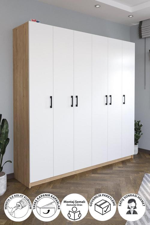 6 Kapaklı 16 Raflı Gardırop Elbise Dolabı 6 Kapaklı Gardırop Smyrna Safir Meşe Beyaz