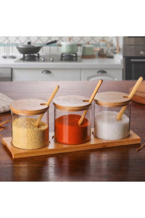 Porgold Bambu Altlıklı Kaşıklı Lüx Cam Baharalık Seti