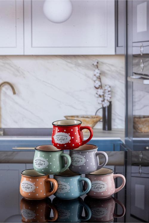 Mutfaksultani 6 Renk 6 ADET Emaye Görünümlü Homemade Love Porselen Tombul Çay Fincanı