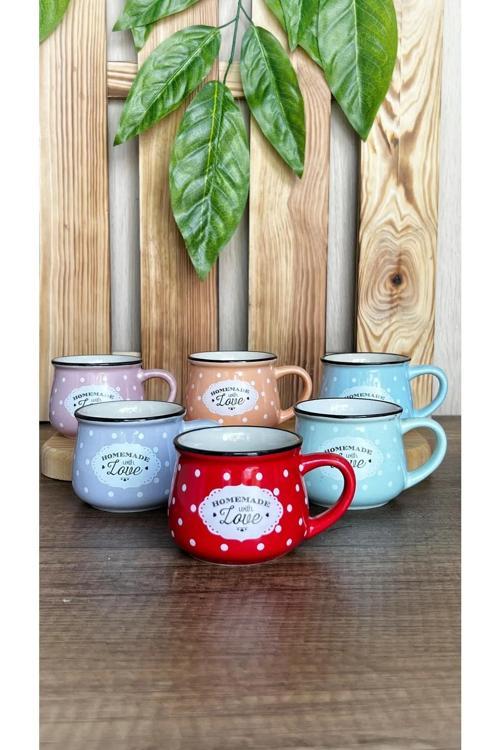 Mutfaksultani 6 Renk 6 ADET Emaye Görünümlü Homemade Love Porselen Tombul Çay Kahve Fincanı