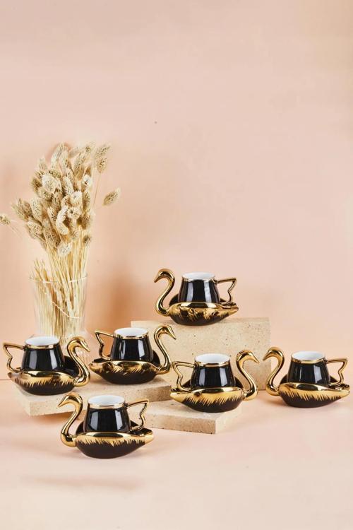 Mutfaksultani Swan Kuğu 6 Kişilik Porselen Kahve Fincan Takımı 80 Ml Siyah