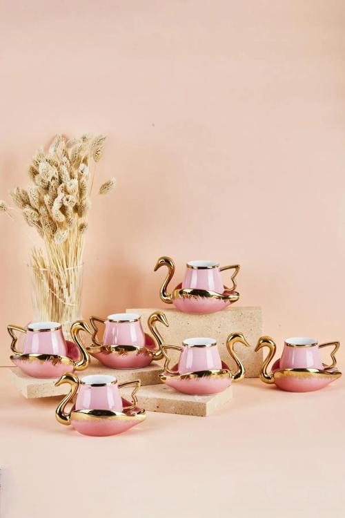 Mutfaksultani Swan Kuğu 6 Kişilik Porselen Kahve Fincan Takımı 80 Ml Pembe