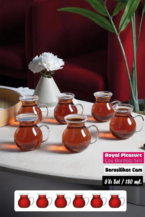 Mutfaksultani 6'Lı Pleasure Borosilikat Cam Bardak Set Isıya Dayanıklı Keyfi Ala Kulplu Çay Fincanı Bardağı