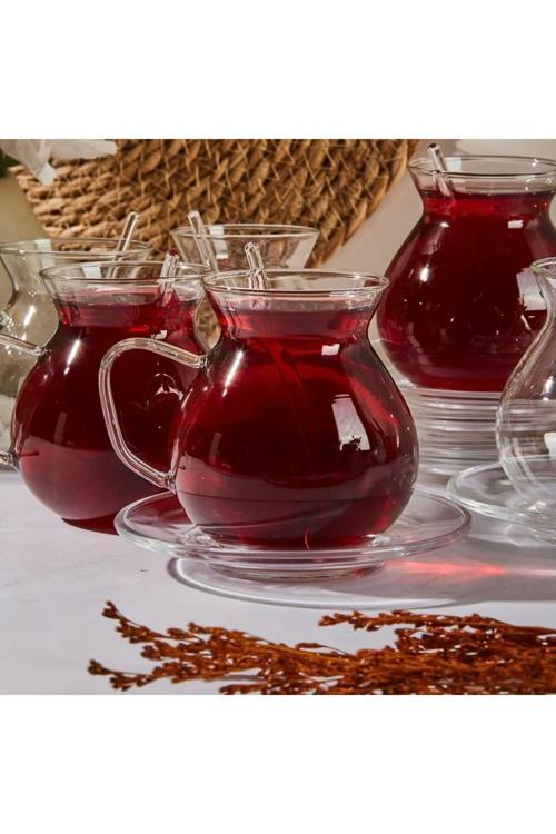 Hinezahome Keyf-İ Ala 18 Parça Cam Tabaklı, Kaşıklı 200 Ml Borosilikat Çay Seti