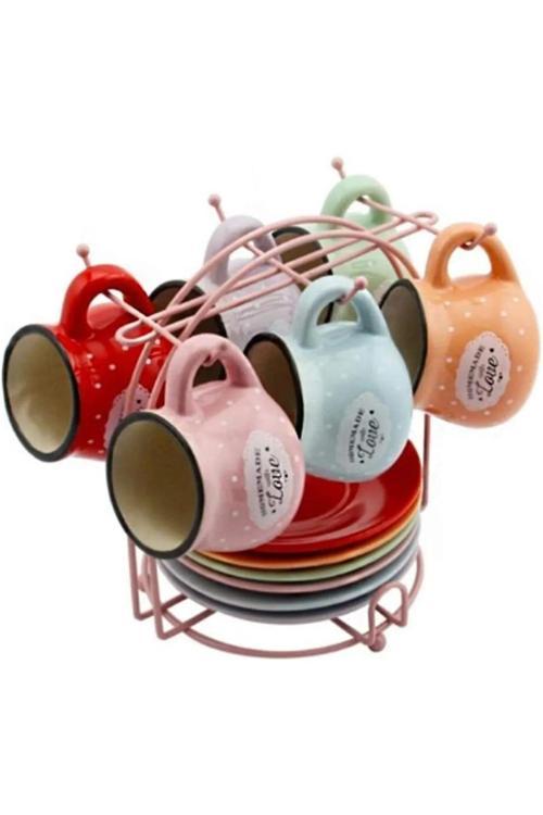 Mutfaksultani 81007 6'Lı Standlı Kahve Seti 13 Parça 6 Fincan 6 Tabak 1 Askılı Stand Love Yazılı